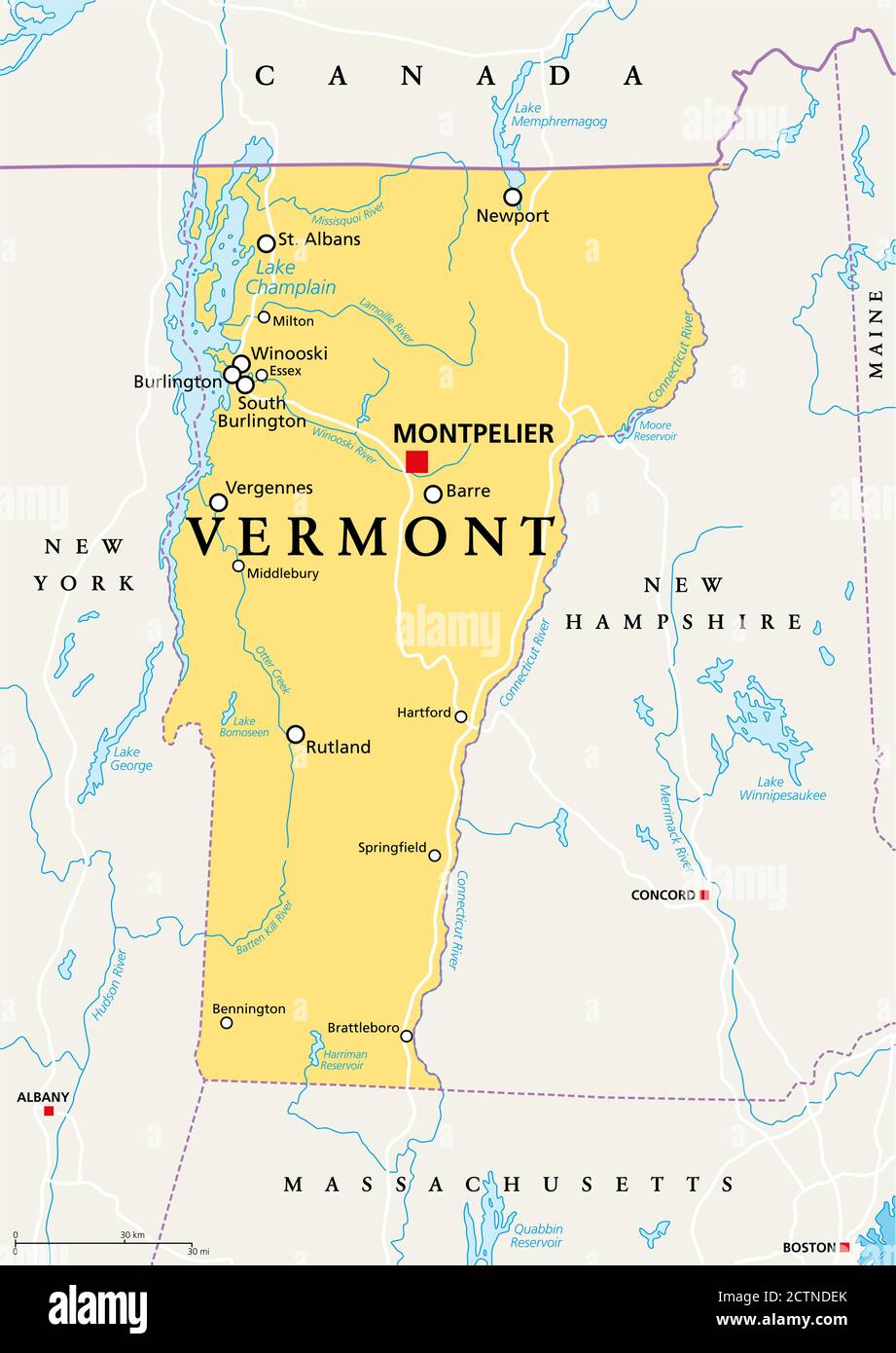 Map of Vermont including the destinations of SBC's Simplify Business Consultancy roadshow.