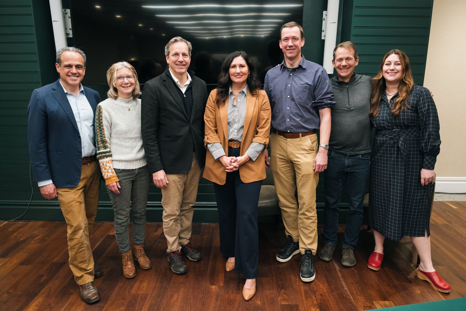 Gretchen Heinen, founder of Authsnap and winner of SBC's 2025 Small Towns, Big Ideas pitch event with Matt Dunne, SBC founder and CEO, event judges Janice St. Onge, Jay Bockhaus, Vincent Berk, Matt Rightmire, and SBC's Chief Program Officer Molly Pyle. 